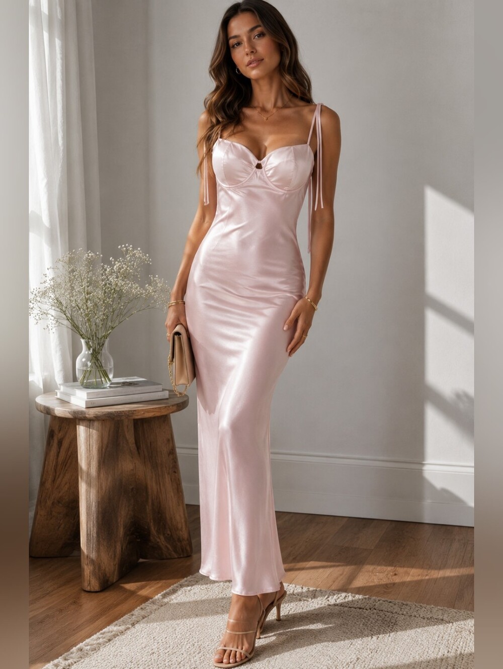 Thirty/Thirty LA Slip Dress Medium Pink Satin Bustier Maxi Tie Romantic Barbie